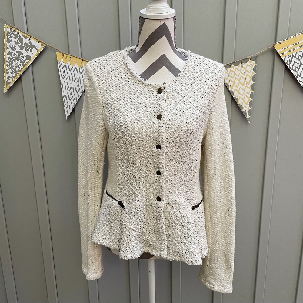 Anthropologie Cartonnier Looped Moto Jacket Looped Yarn Cream Peplum